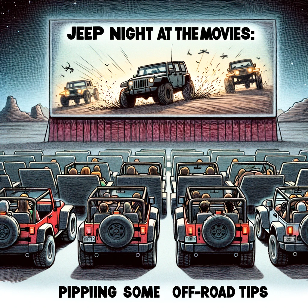 A comical image of a group of jeeps lined up at a drive-in movie theater, watching an action-packed car chase scene, captioned "Jeep Night at the Movies: Picking up some off-road tips" in an entertaining, cartoon style.