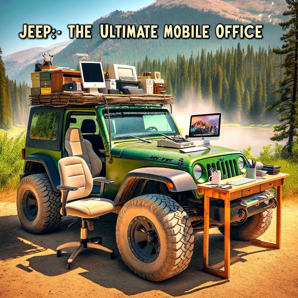 A humorous image of a jeep outfitted with a makeshift office setup, complete with a desk and computer, parked in a scenic location, captioned "Jeep: The ultimate mobile office" in a creative, cartoon style.