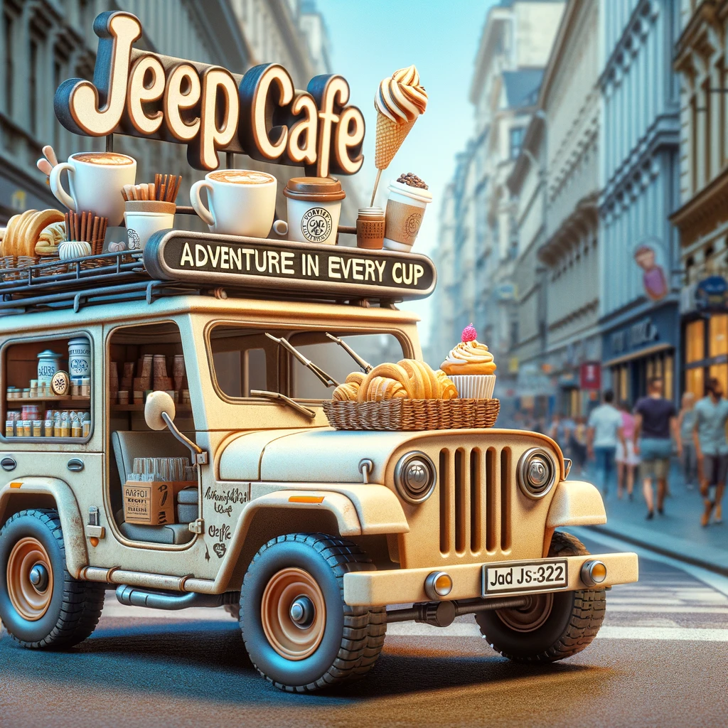 A whimsical image of a jeep transformed into a mini cafe, serving coffee and pastries on the go, parked in a bustling city street, captioned "Jeep Cafe: Adventure in every cup" in a charming, cartoon style.