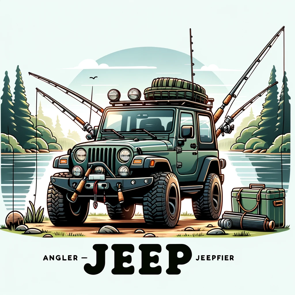 A playful image of a jeep rigged with fishing rods, parked beside a serene lake, captioned "Jeep: The angler's best companion" in a peaceful, cartoon style.