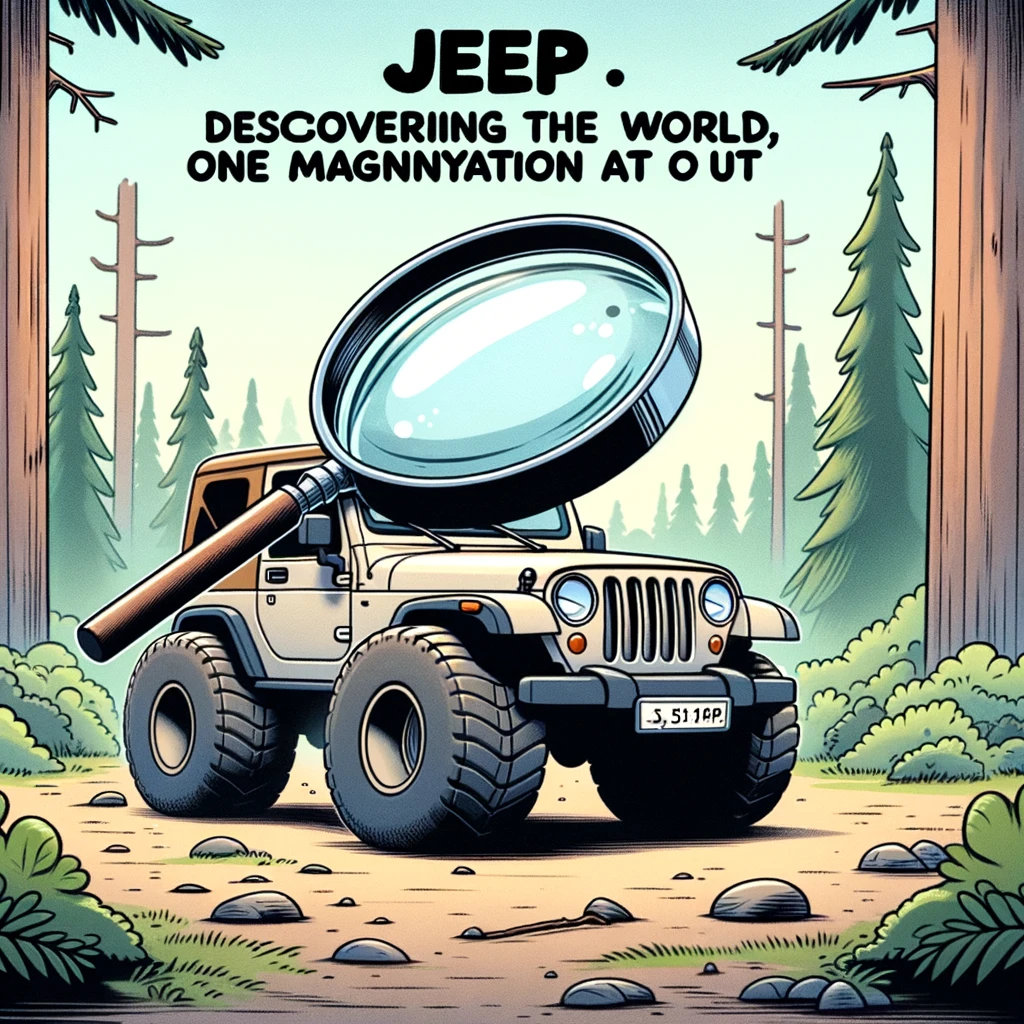 A funny image of a jeep with a giant magnifying glass on top, exploring a forest, captioned "Jeep: Discovering the world, one magnification at a time" in an exploratory, cartoon style.