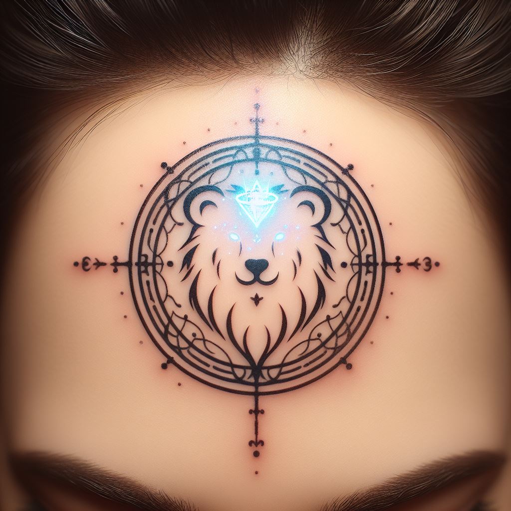 A fantasy-inspired tattoo, where a small, ethereal bear symbol is placed at the center of the forehead. This design, suitable for a fantasy or fictional setting, symbolizes intuition, wisdom, and a connection to the natural world. It's a mark of distinction, indicating a deep bond between the wearer and the spiritual essence of the bear, rendered with glowing lines to suggest a magical origin.