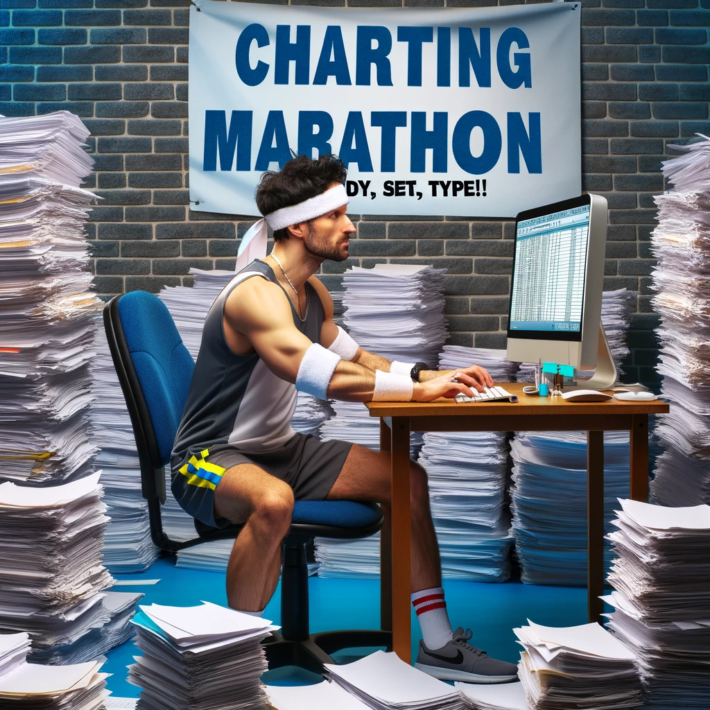 An exhausted nurse sitting at a computer surrounded by mountains of paperwork, wearing a headband and sporty gear as if running a marathon. The nurse is intensely focused on the screen, typing rapidly, with a determined expression. The room is filled with paperwork stacks, charts, and medical records, emphasizing the overwhelming amount of charting required. Caption: "Charting marathon: Ready, set, type!"