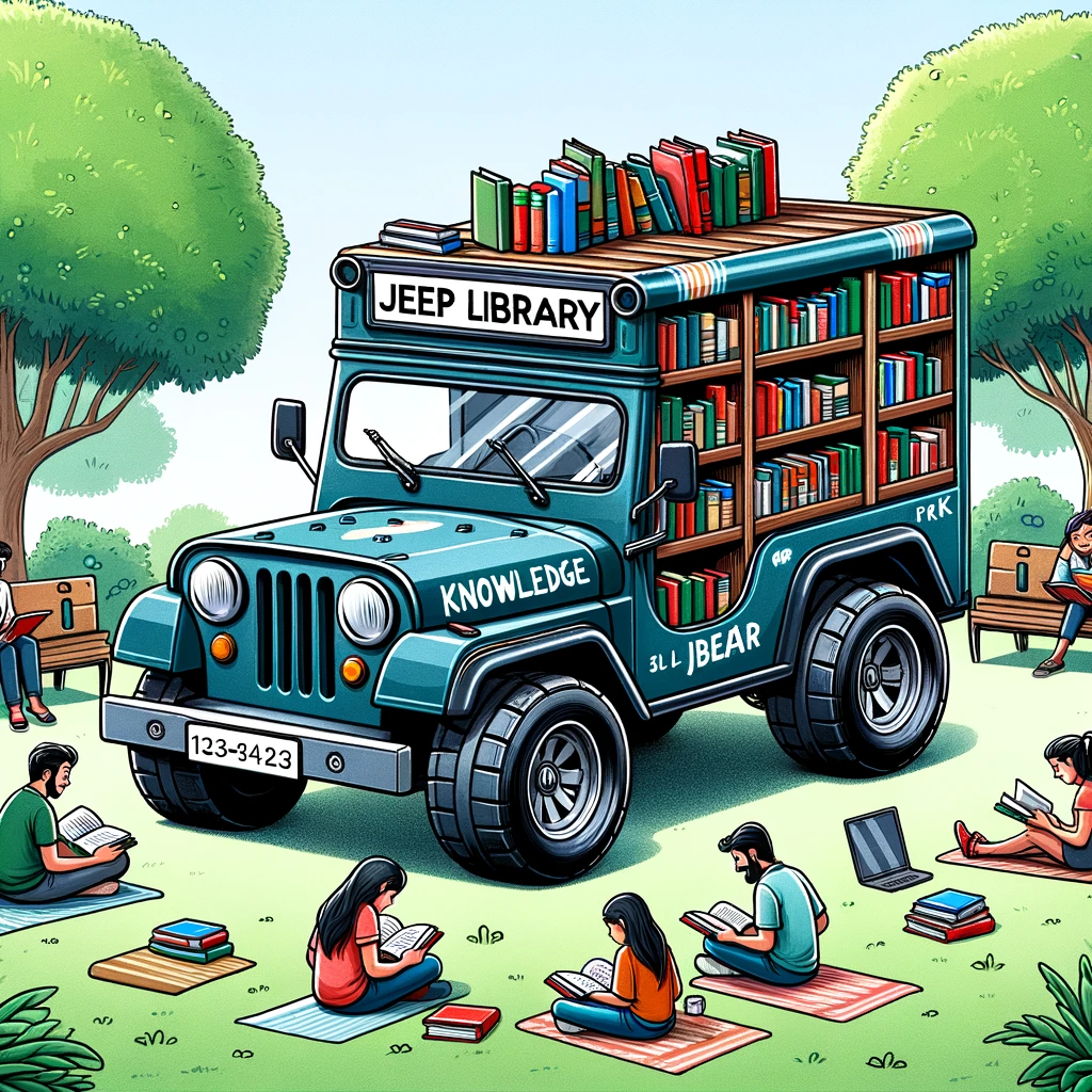 A creative image of a jeep turned into a mobile library, surrounded by people reading books, parked in a park, captioned "Jeep Library: Knowledge on the go" in an educational, cartoon style.