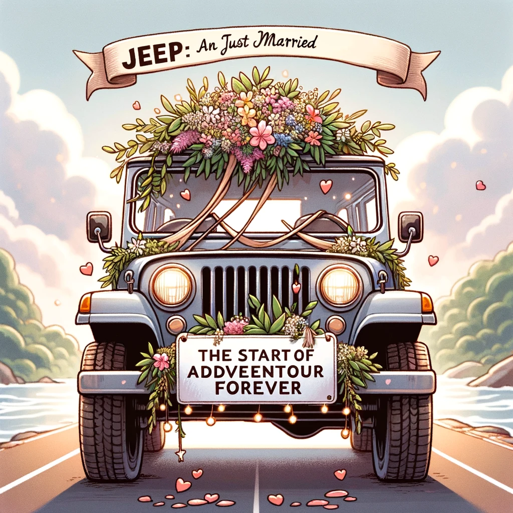 A heartwarming image of a jeep decorated with flowers and just married signs, driving away from a wedding, captioned "Jeep: The start of an adventurous forever" in a romantic, cartoon style.