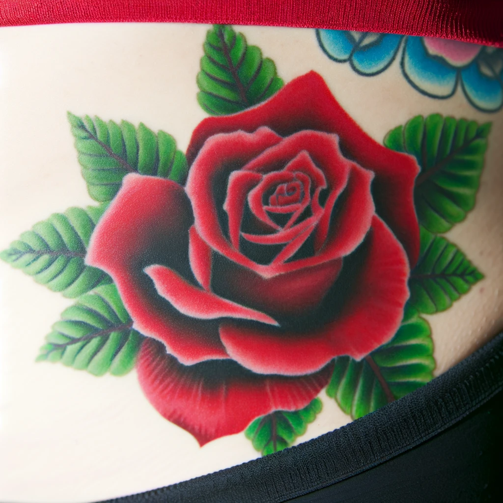 A vibrant red rose tattoo located on a woman's hip, featuring realistic petals and green leaves. This tattoo symbolizes love, passion, and beauty. The image should focus on the rose tattoo, showcasing its intricate details and the rich colors that make it stand out. The petals have a lifelike texture, and the leaves are a lush green, adding to the overall aesthetic of the tattoo. The tattoo is imagined on a skin-toned background to emphasize its placement on the hip and to highlight the tattoo's artistry and symbolic meaning.