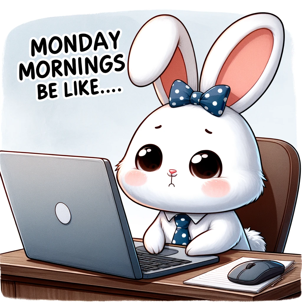 A cute cartoon bunny sitting at a computer desk with a perplexed expression, captioned 'Monday mornings be like...'.