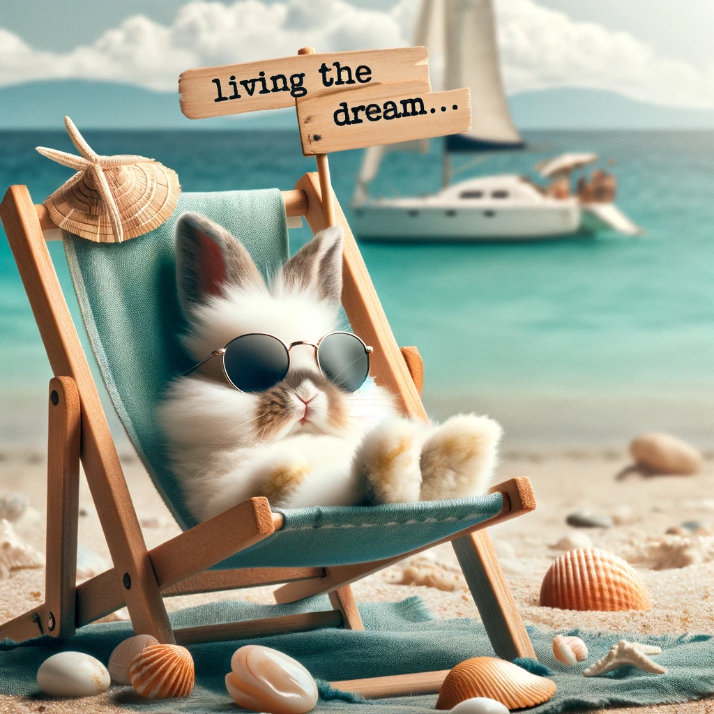 A fluffy bunny in sunglasses lounging on a beach chair, with a caption that reads 'Living the dream...'.