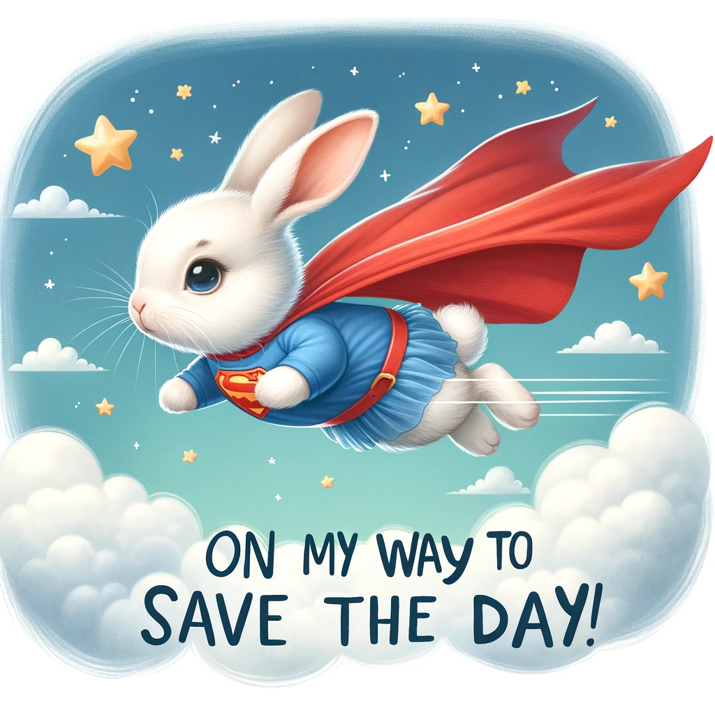 A bunny with a superhero cape flying through the sky, captioned 'On my way to save the day!'.