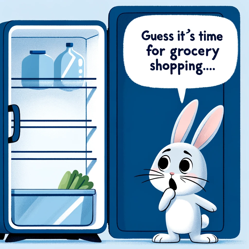 A cartoon bunny looking shocked at an empty refrigerator, with a caption that says 'Guess it's time for grocery shopping...'.
