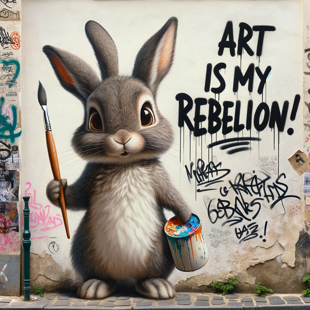 A mischievous bunny holding a paintbrush, standing next to a wall covered in graffiti, captioned 'Art is my rebellion!'.