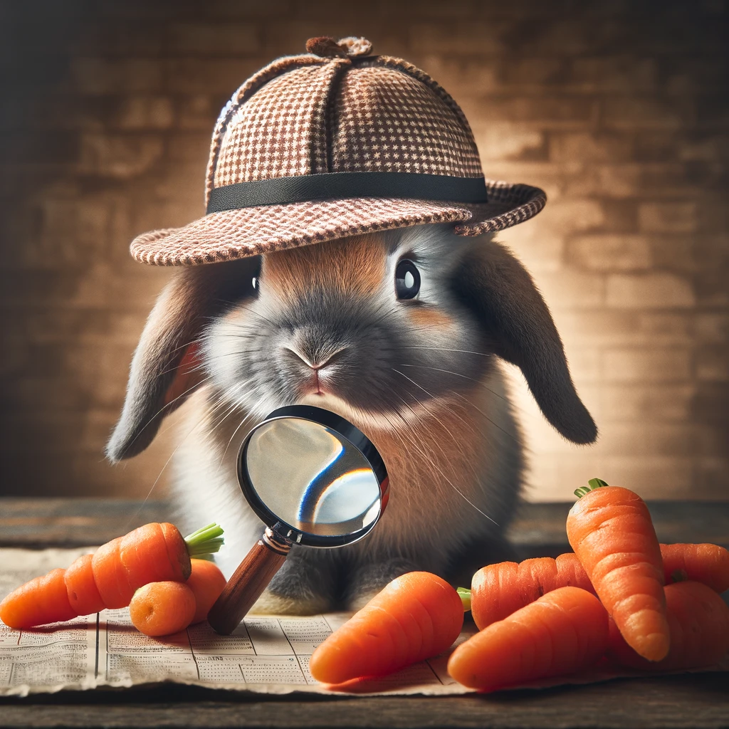 A bunny in a detective hat and magnifying glass, with a caption 'The case of the missing carrots begins...'.