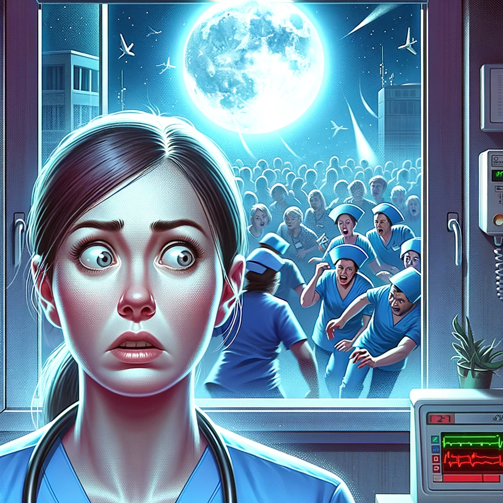 A nurse looking bewildered and slightly scared, with chaos unfolding in the background (patients acting out, alarms going off). Through a window, the full moon is visible, setting the scene for a hectic night shift. The nurse's expression captures the surprise and challenge of managing a full moon shift, surrounded by unpredictability and urgent situations. Caption: "Full moon shifts: Not for the faint of heart."