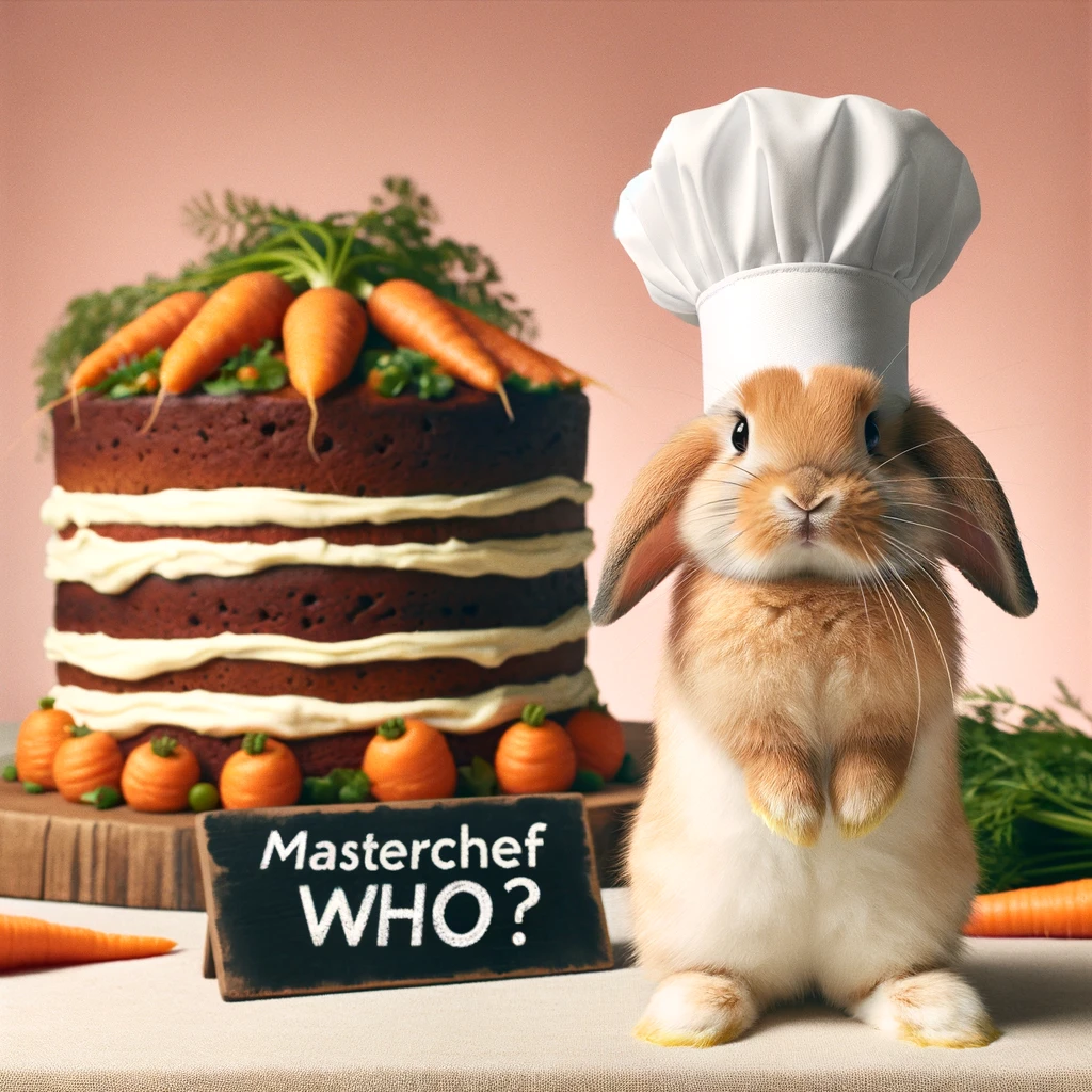 A bunny wearing a chef's hat, standing proudly in front of a giant carrot cake, captioned 'Masterchef who?'.