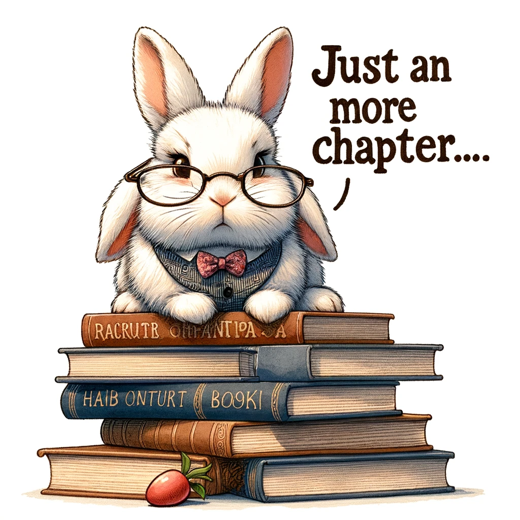 A bunny sitting on a pile of books, wearing glasses, with a caption that reads 'Just one more chapter...'.