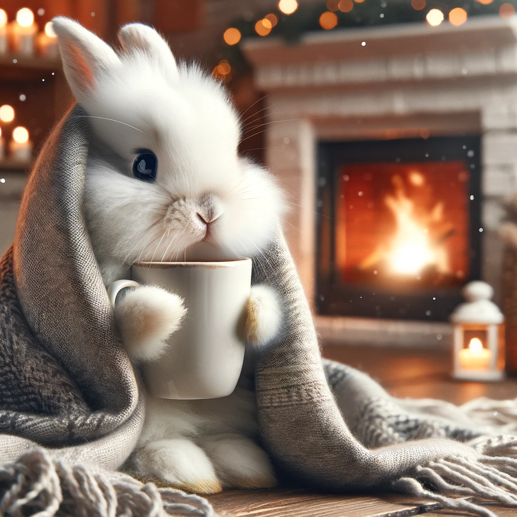 A bunny wrapped in a blanket, holding a cup of tea, with a cozy fireplace in the background, captioned 'Winter vibes...'.