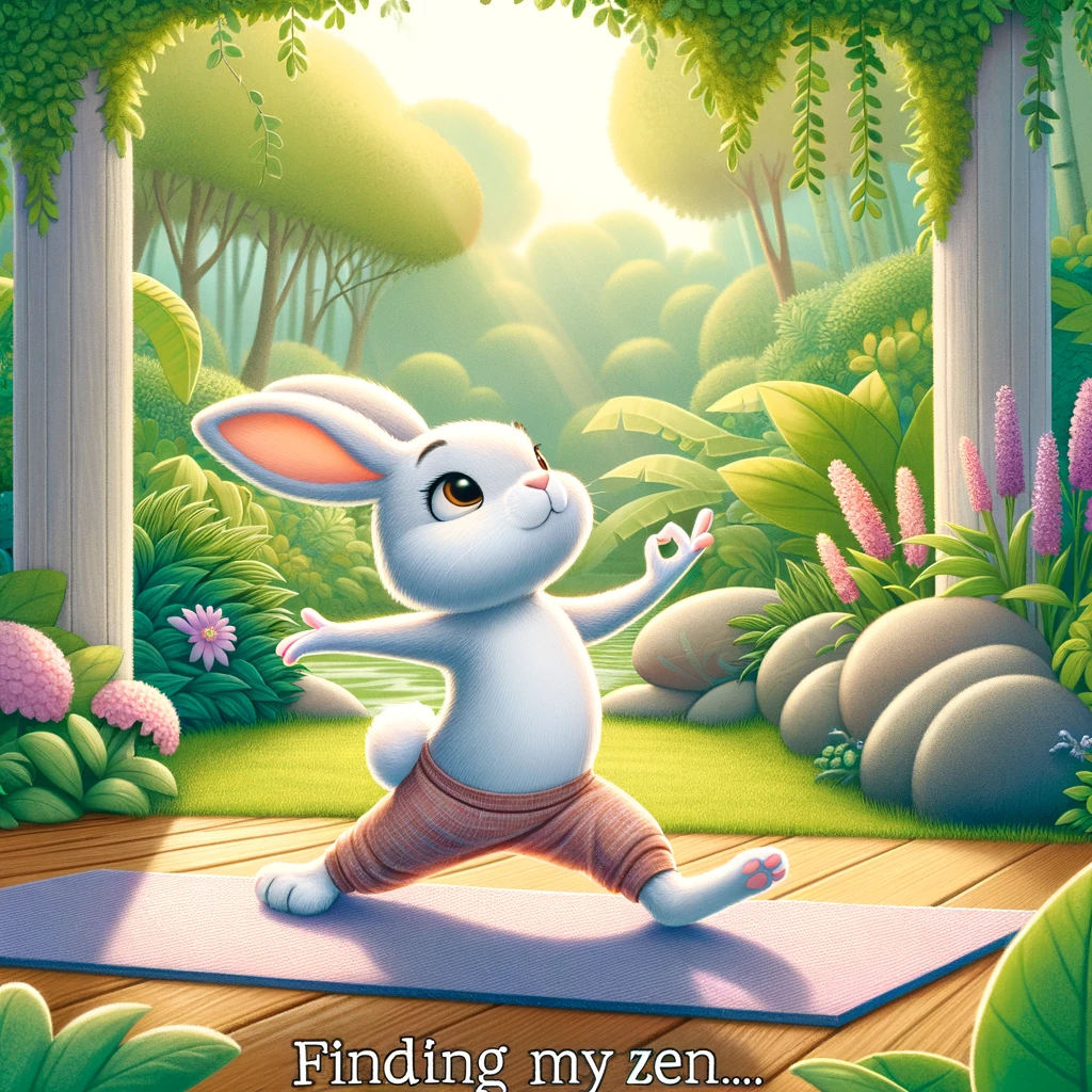 A bunny doing yoga in a peaceful garden, with a caption that reads 'Finding my zen...'.