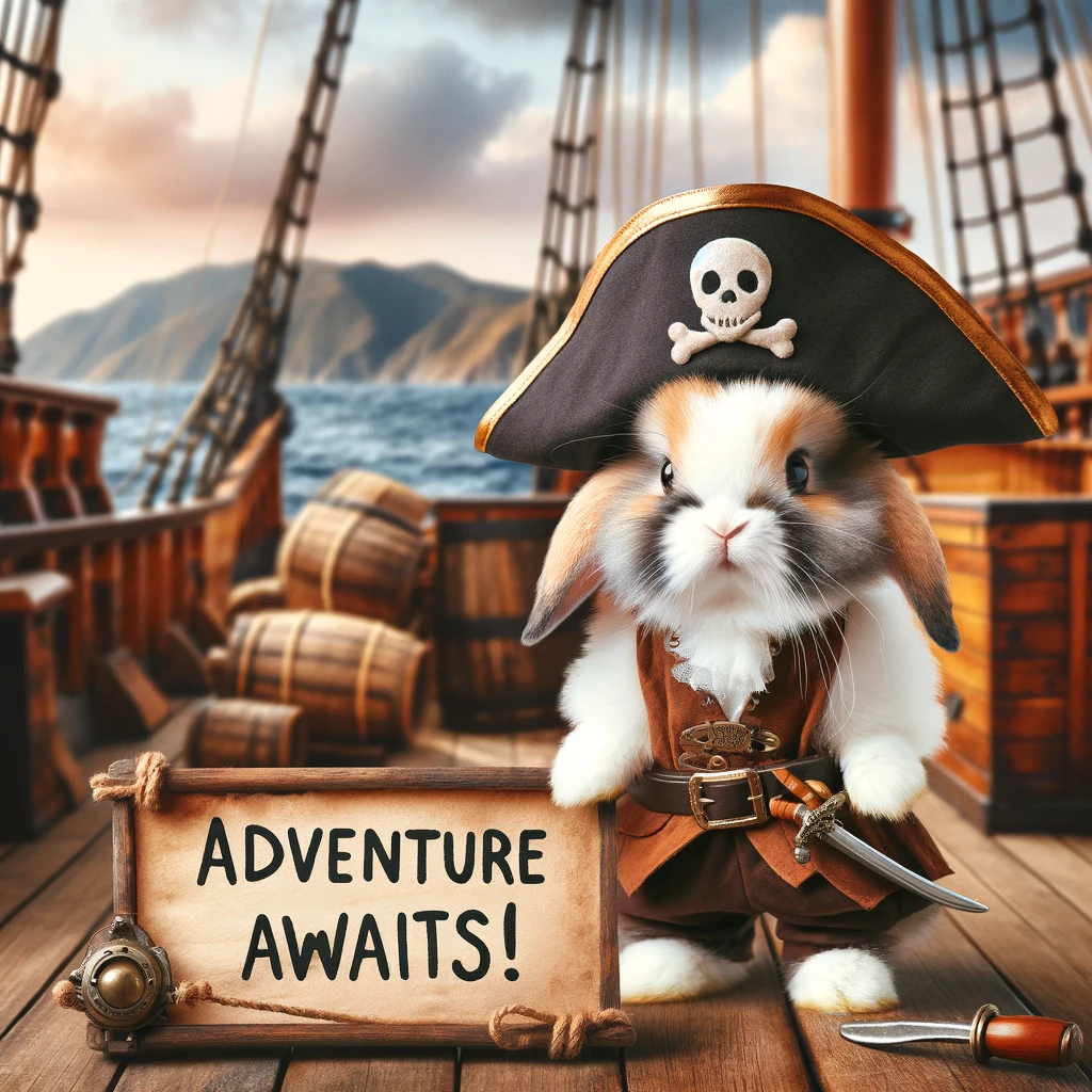 A bunny dressed as a pirate, standing on a ship deck with a caption 'Adventure awaits!'.