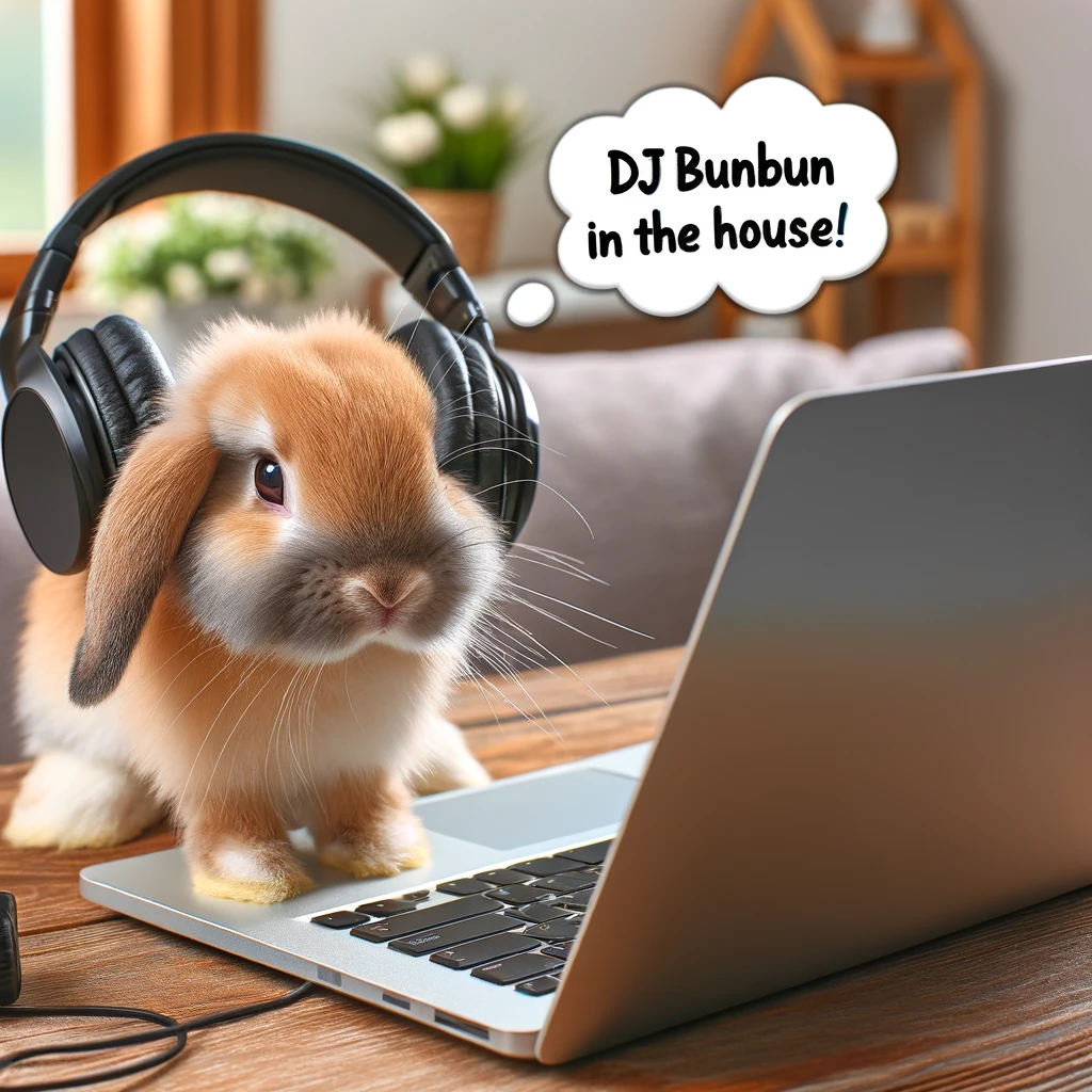 A bunny sitting in front of a laptop with headphones on, captioned 'DJ BunBun in the house!'.