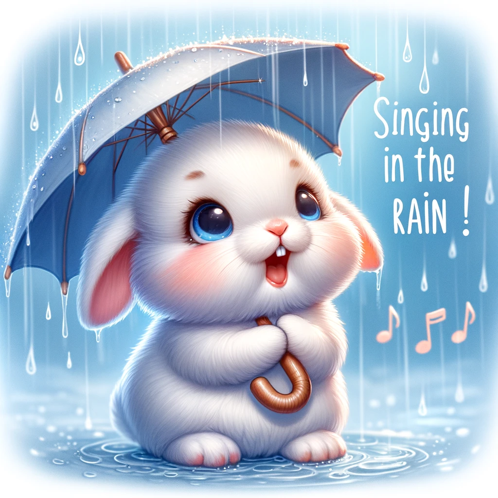 A bunny holding a tiny umbrella under the rain, with a caption 'Singing in the rain!'.