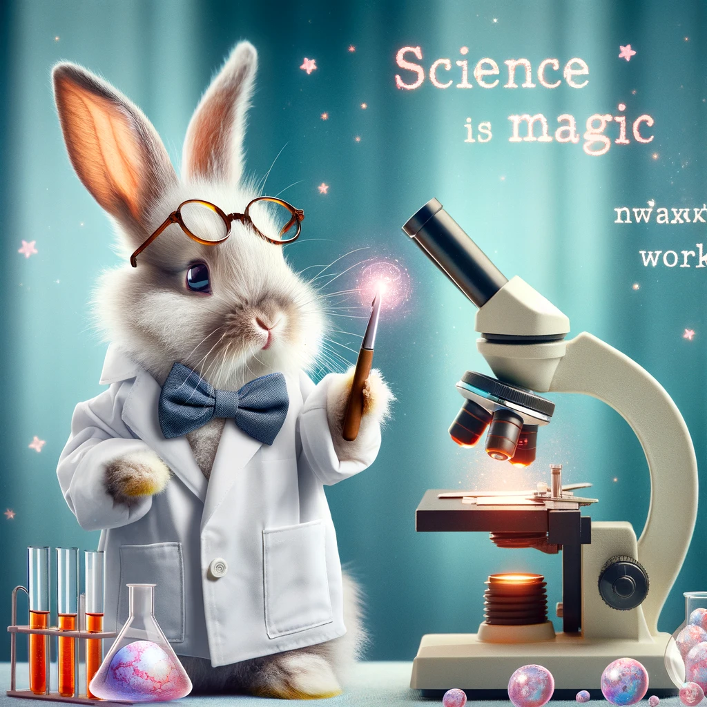 A bunny dressed in a lab coat looking through a microscope, captioned 'Science is magic that works!'.