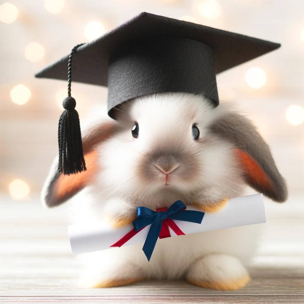 A bunny wearing a graduation cap and holding a diploma, with a caption 'Finally graduated!'.