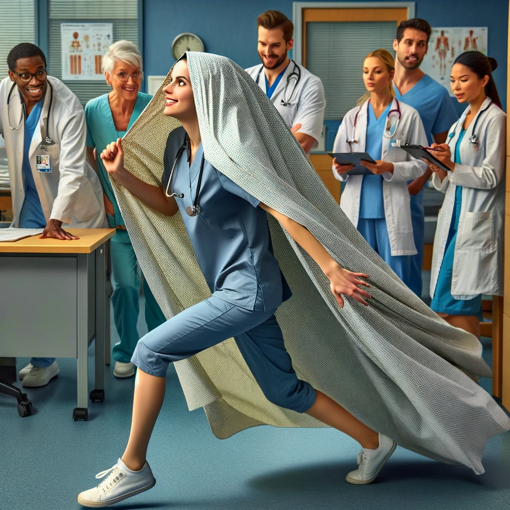 A nurse trying to sneak past a group of doctors or patients without being noticed, wearing a makeshift "cloak of invisibility" made from a hospital sheet. The nurse is tiptoeing with a playful yet focused expression, attempting to blend into the background. The doctors or patients appear busy with their tasks, unaware of the nurse's stealthy maneuver. This humorous scenario captures the nurse's desire for a smooth and unnoticed shift change. Caption: "Mastering the art of the invisible shift change."