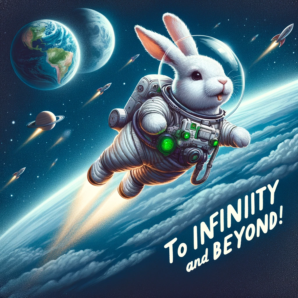 A bunny in a space suit floating in space, with Earth in the background, captioned 'To infinity and beyond!'.