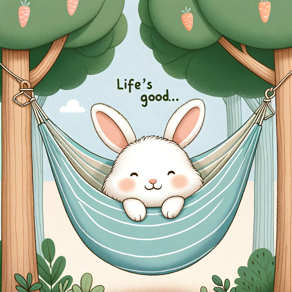 A bunny relaxing in a hammock between two trees, with a caption 'Life's good...'.