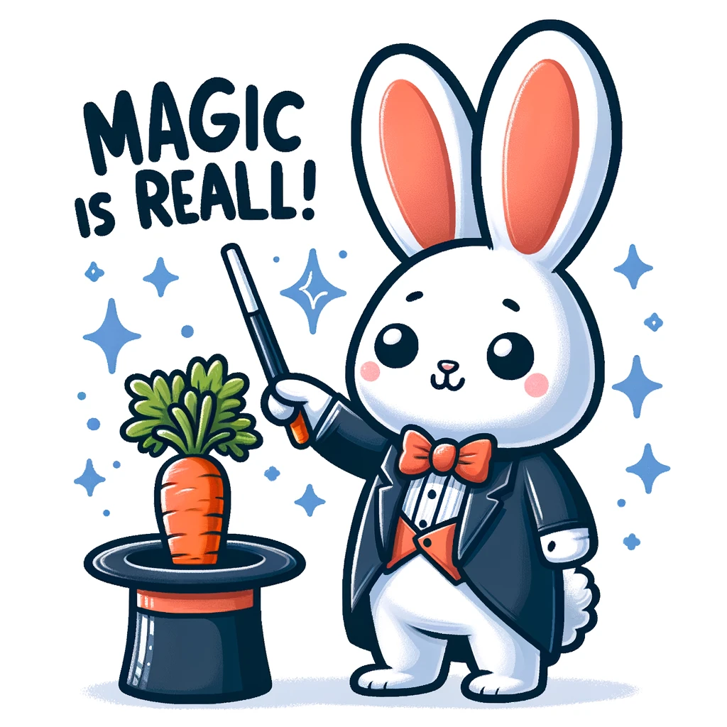 A cartoon bunny dressed as a magician, pulling a carrot out of a hat, with a caption 'Magic is real!'.