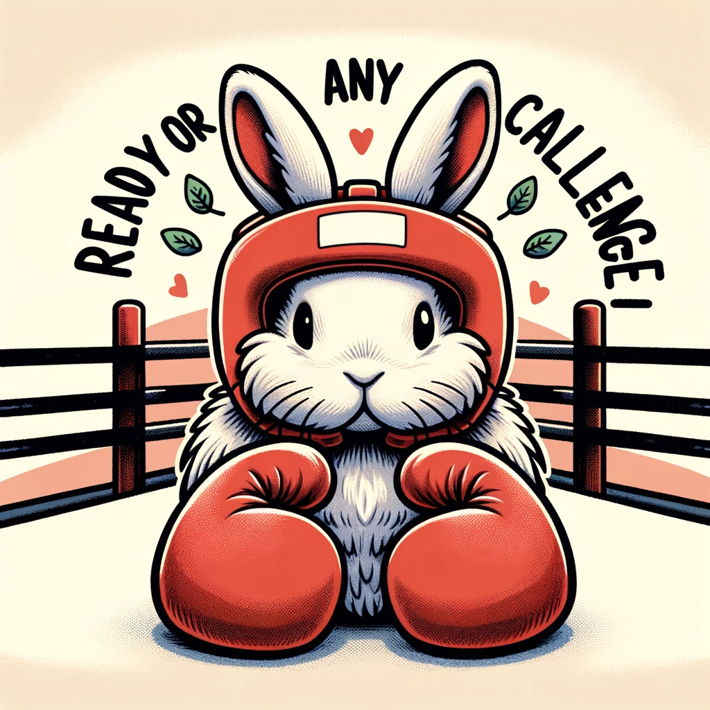 A bunny wearing boxing gloves in a ring, with a caption 'Ready for any challenge!'.