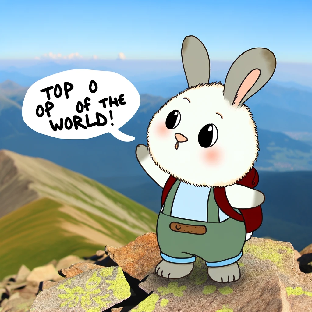 A bunny with a backpack standing on top of a mountain, captioned 'Top of the world!'.
