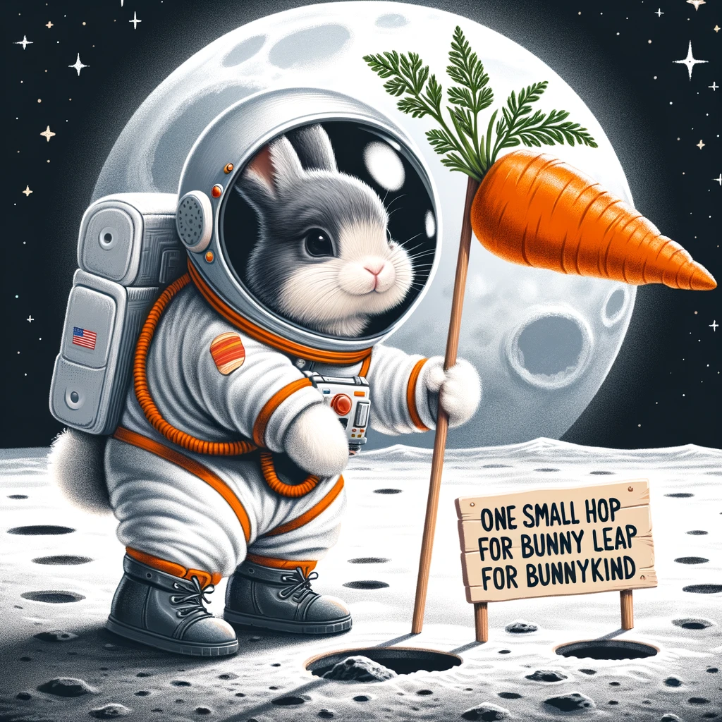 A bunny in a spacesuit planting a carrot flag on the moon, with a caption 'One small hop for bunny, one giant leap for bunnykind'.