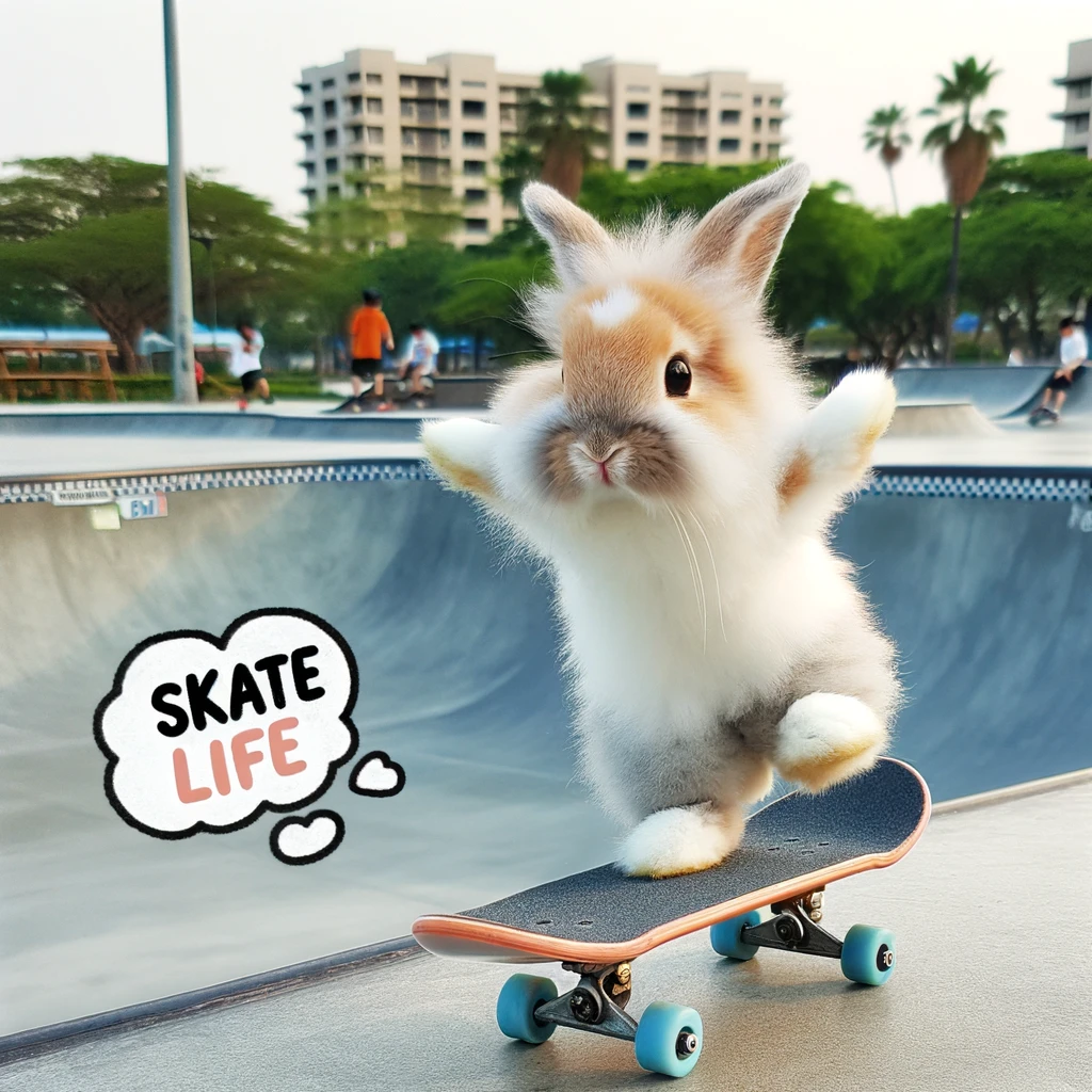 A bunny on a skateboard doing a trick in a skatepark, with a caption 'Skate life'.