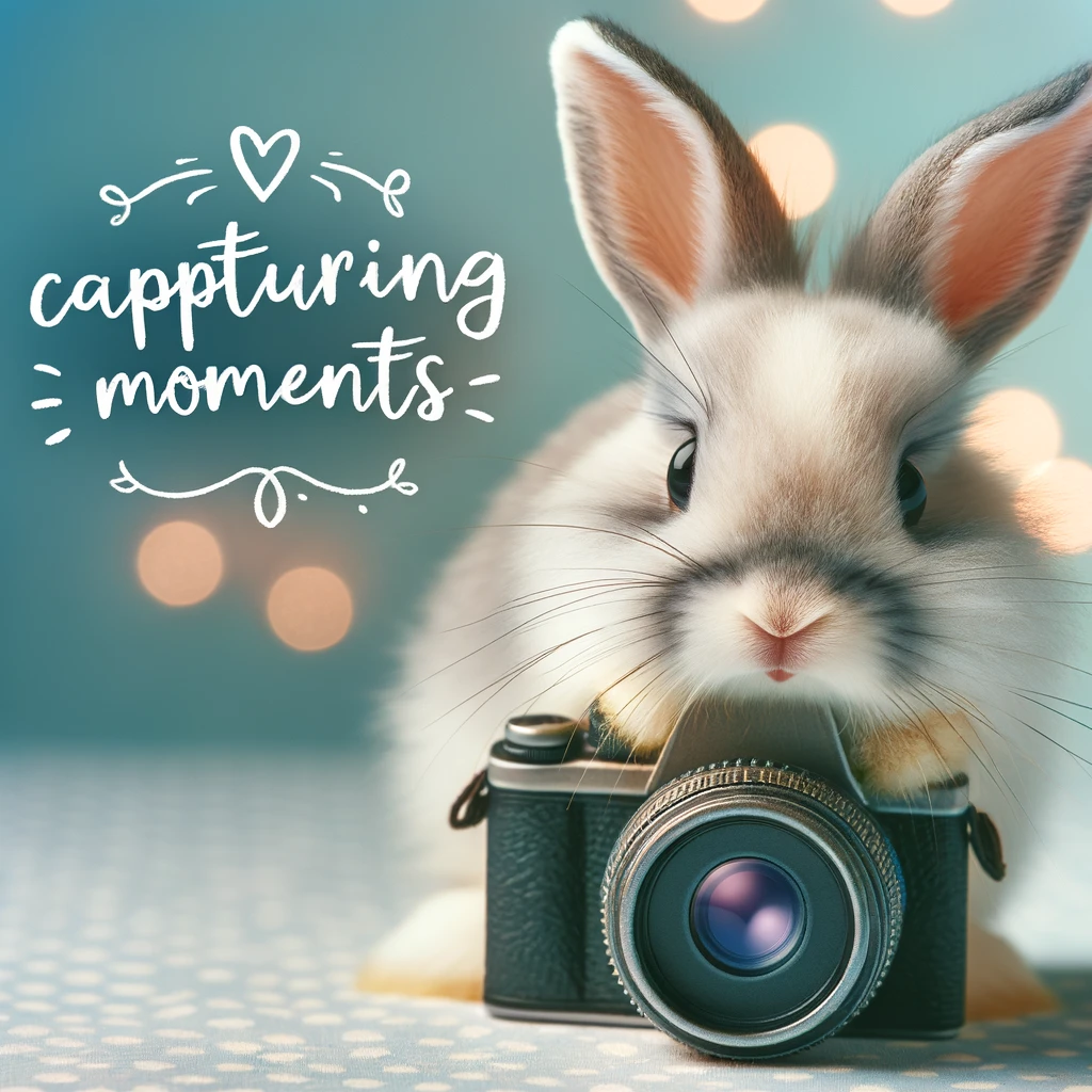 A bunny with a camera around its neck, taking a photo, captioned 'Capturing moments'.