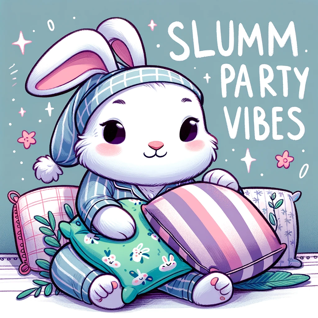 A bunny in pajamas holding a pillow, having a sleepover, with a caption 'Slumber party vibes'.