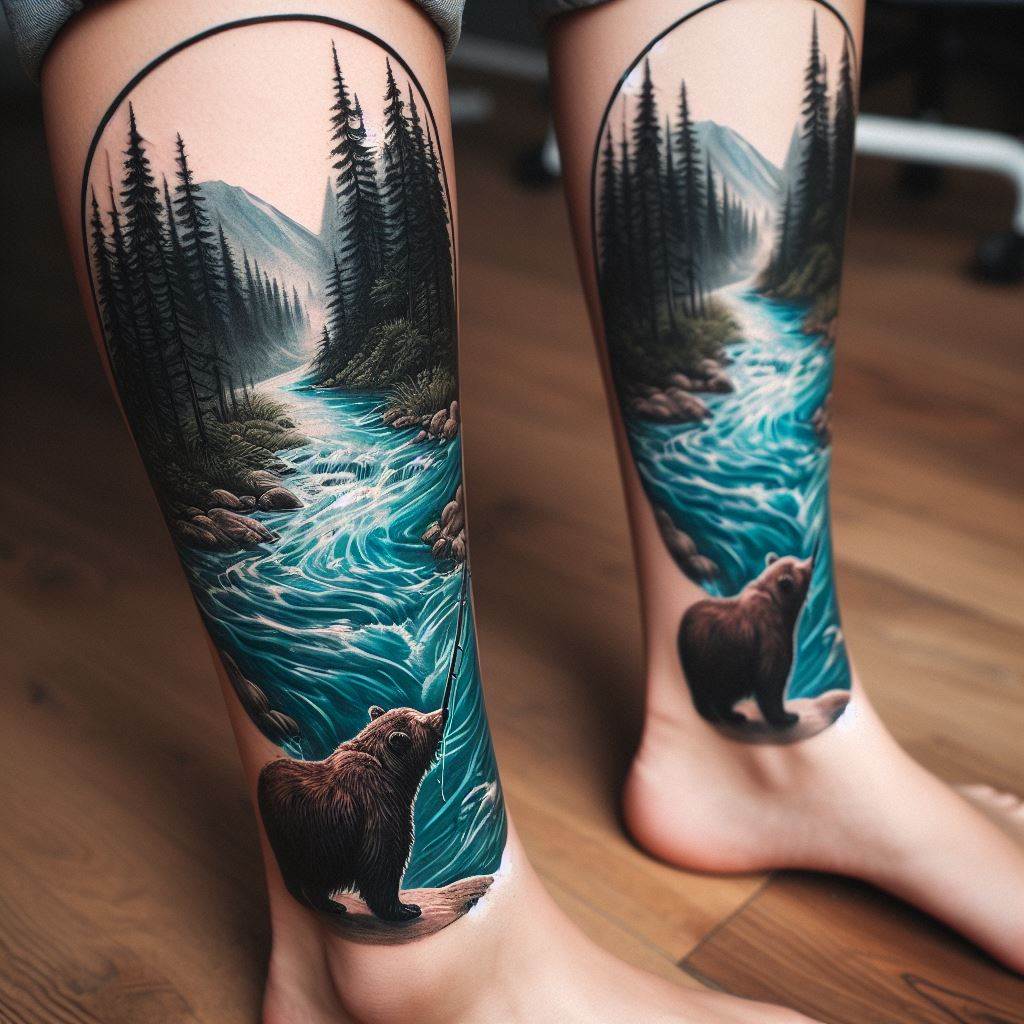 A tattoo that wraps from the ankle up to the calf, depicting a river flowing through a forest, with a bear fishing at the water's edge. The design captures the tranquility of nature, with the water symbolizing life's flow and the bear's presence adding an element of focus and patience. This tattoo is both a scenic depiction and a metaphor for life's journey, emphasizing the importance of being in the moment.