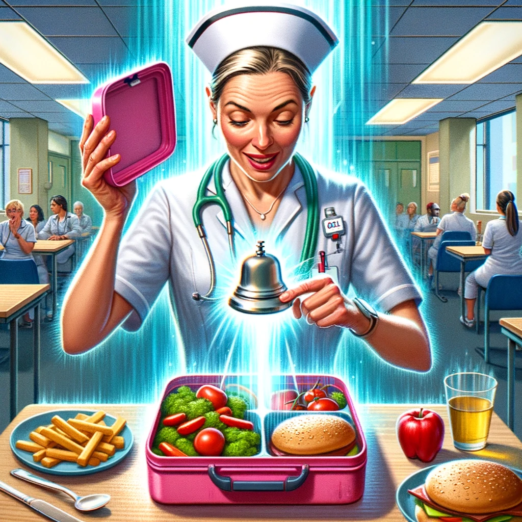 A nurse opening a lunch box with a sparkle in their eyes, but before they can take a bite, a call bell rings. The food in the lunch box begins to fade into a mirage, emphasizing the elusive nature of break times in a busy hospital setting. The nurse's expression shifts from anticipation to resignation, capturing the moment of interrupted break time. The background shows a bustling hospital environment, adding to the sense of constant demand. Caption: "The mythical lunch break: Seen but never enjoyed."