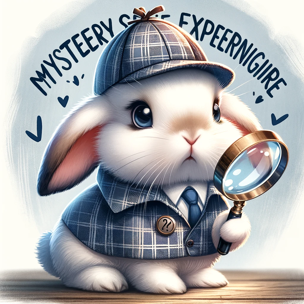 A bunny wearing a detective outfit, looking through a magnifying glass, with a caption 'Mystery solver extraordinaire'.