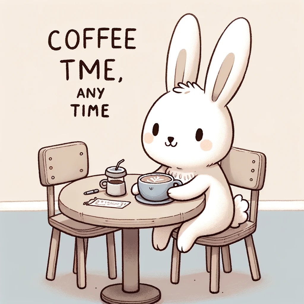 A bunny sitting at a café table, sipping coffee, with a caption 'Coffee time, any time'.