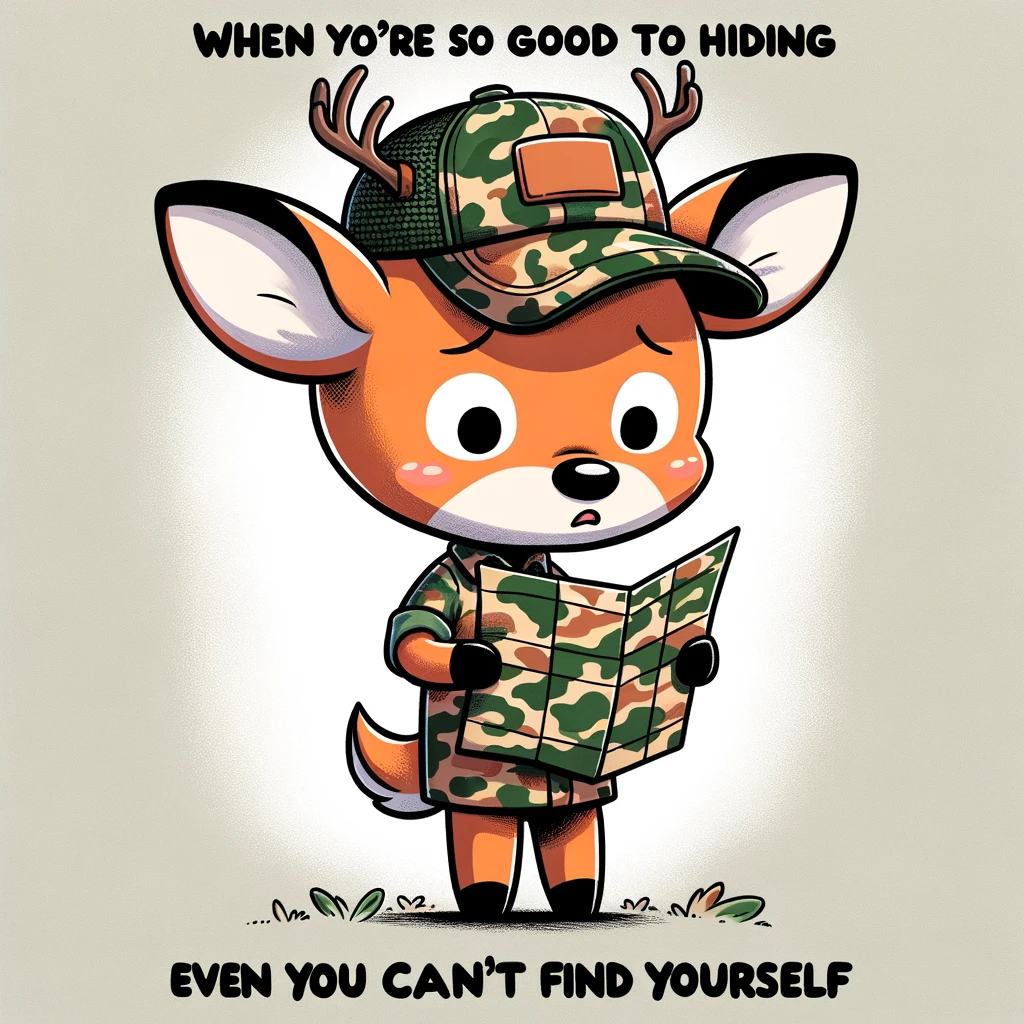 A cartoon-style image of a deer wearing hunter's camouflage, looking confused while holding a map upside down. The caption reads, "When you're so good at hiding, even you can't find yourself."