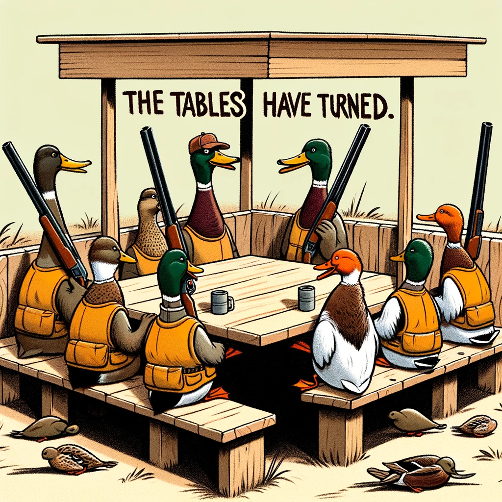 A humorous illustration of a group of ducks sitting in a hunting blind with shotguns, looking out for hunters. The caption reads, "The tables have turned."