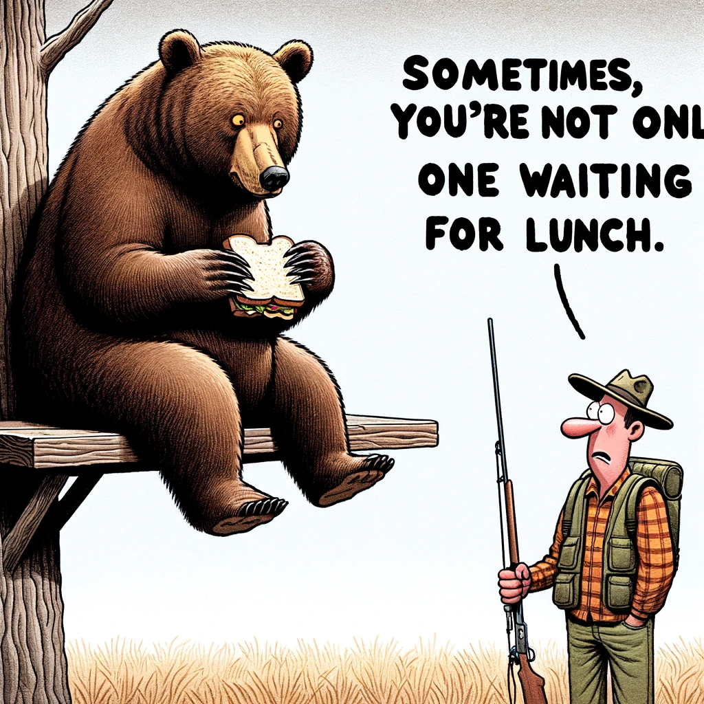 An image of a bear sitting on a hunter's tree stand, eating a sandwich, with a confused hunter standing below. The caption reads, "Sometimes, you're not the only one waiting for lunch."