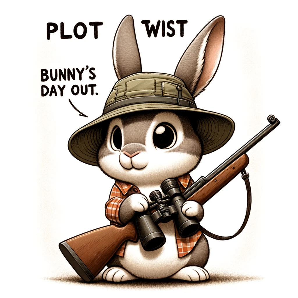 A playful image showing a rabbit with a hunting rifle, wearing a hunter's hat, looking through binoculars. The caption reads, "Plot twist: Bunny's day out."