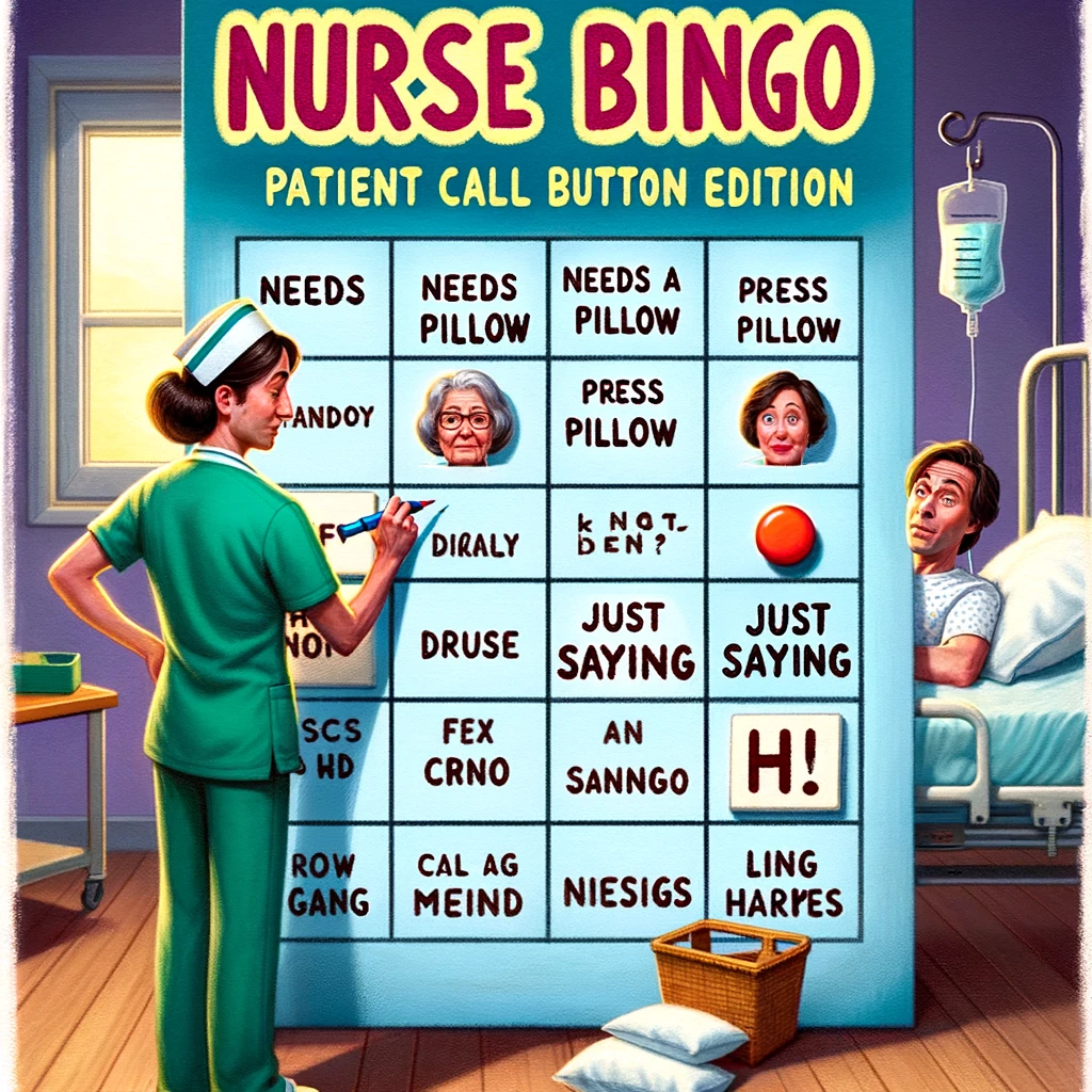A bingo card filled with reasons patients press the call button, ranging from "needs a pillow" to "just saying hi." A nurse is marking off the card with a bemused expression, standing next to a patient's bed. The nurse holds a marker, poised to check off another box on the card. The patient looks on with curiosity. This image humorously captures the variety of reasons nurses are called into patient rooms, turning it into a game of bingo. Caption: "Nurse Bingo: Patient call button edition."
