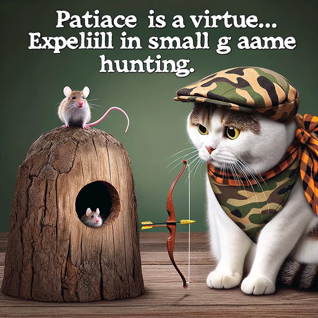A funny image of a cat in hunting gear, staring intently at a mouse hole with a tiny bow and arrow. The caption reads, "Patience is a virtue... especially in small game hunting."