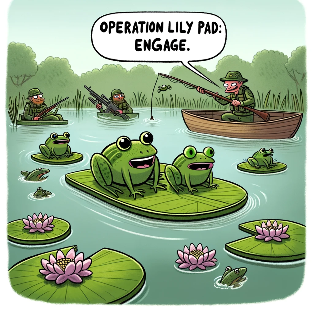 A cartoon illustration of a group of frogs in a pond, using lily pads as 'stealth boats', sneaking up on a fisherman. The caption reads, "Operation Lily Pad: Engage."