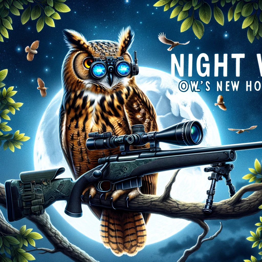 A digital art of an owl wearing night vision goggles, perched on a tree branch with a sniper rifle. The caption reads, "Night watch: Owl's new hobby."