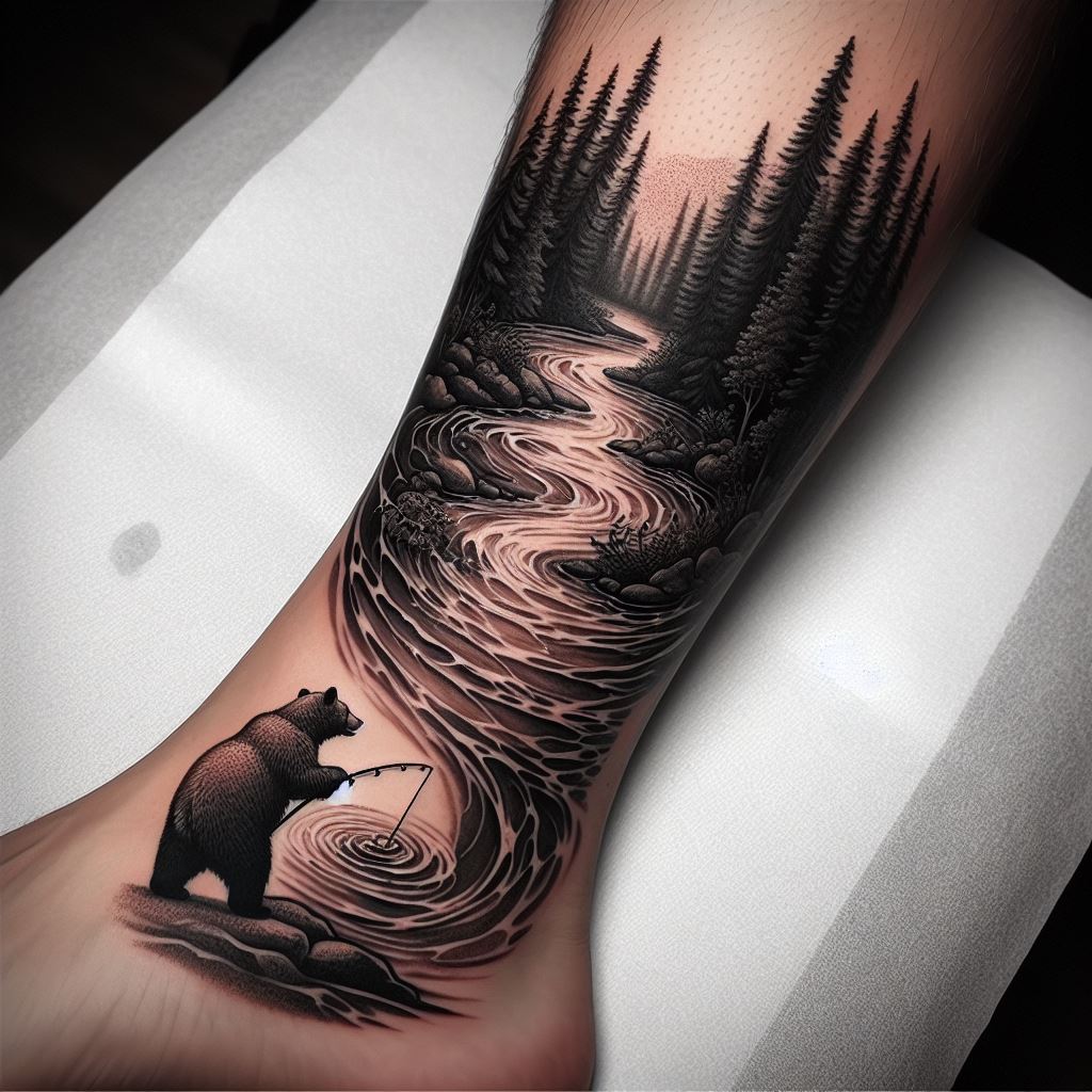 A tattoo that wraps from the ankle up to the calf, depicting a river flowing through a forest, with a bear fishing at the water's edge. The design captures the tranquility of nature, with the water symbolizing life's flow and the bear's presence adding an element of focus and patience. This tattoo is both a scenic depiction and a metaphor for life's journey, emphasizing the importance of being in the moment.