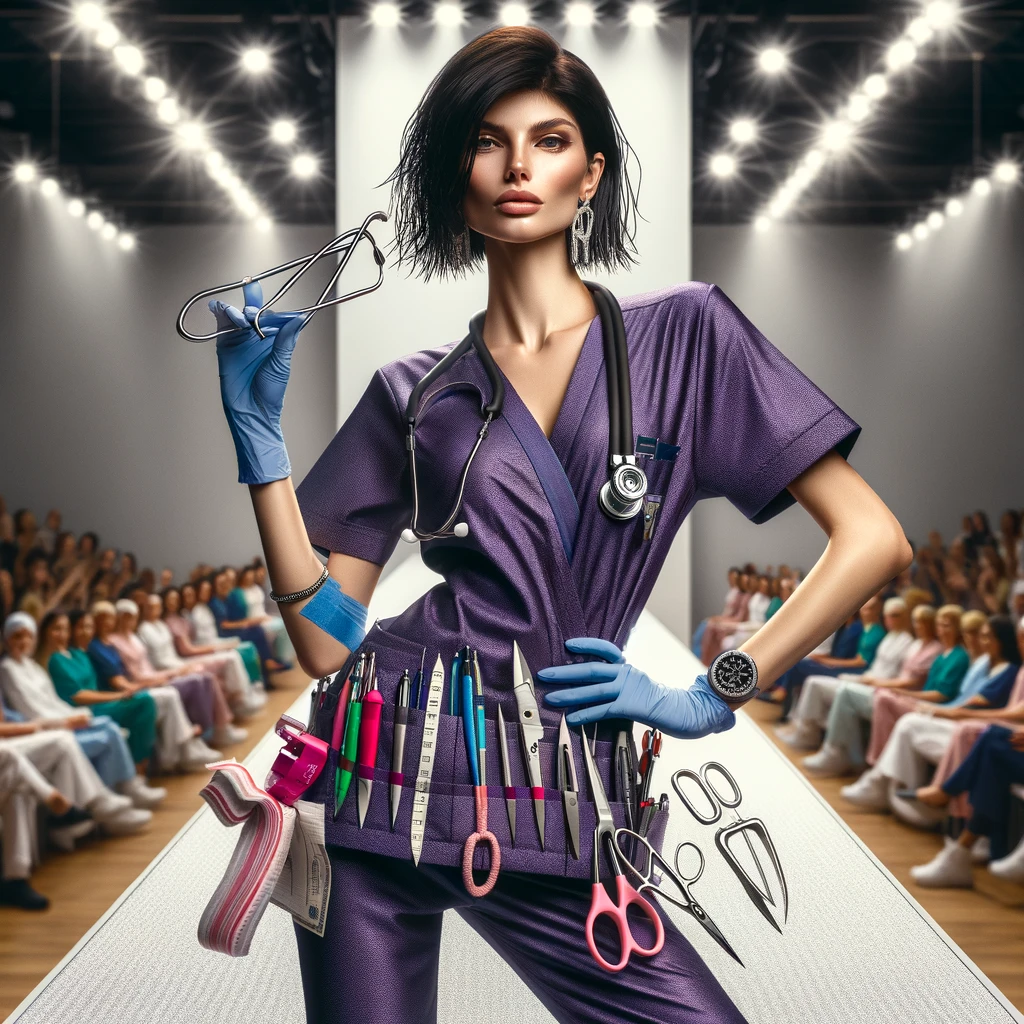 A nurse striking a pose in their scrubs, accessorized with stethoscope, bandage scissors, and multiple pens. The background is styled like a fashion runway, with the nurse confidently walking down it as if showcasing the latest trends in healthcare attire. The nurse's expression is proud and playful, highlighting the unique blend of professionalism and personal flair that nurses bring to their uniforms. Caption: "Strutting the latest in scrub fashion."
